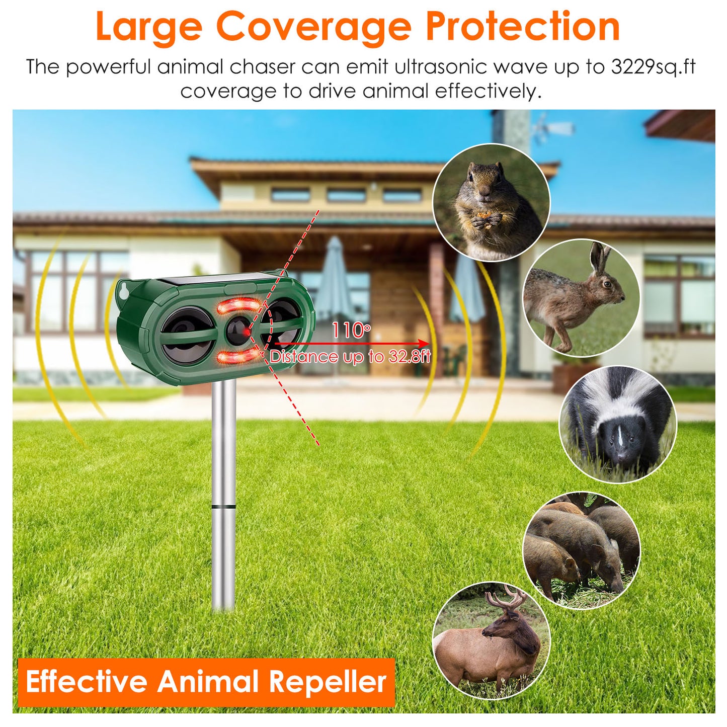 Solar Ultrasonic Animal Repeller Motion Sensor Animal Repellent USB Animal Chaser IP66 Waterproof for Farm Garden Yard to Drive Deer Raccoon Squirrel