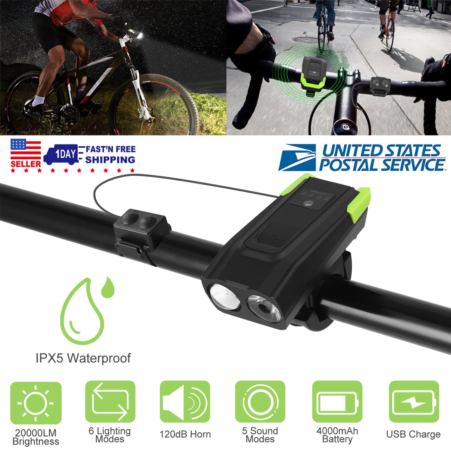 20000LM Bike Front Lights Set Bicycle Headlights w/120dB Loud Horn IPX5 Water-Resistant 4000mAh USB Rechargeable for Night Riding