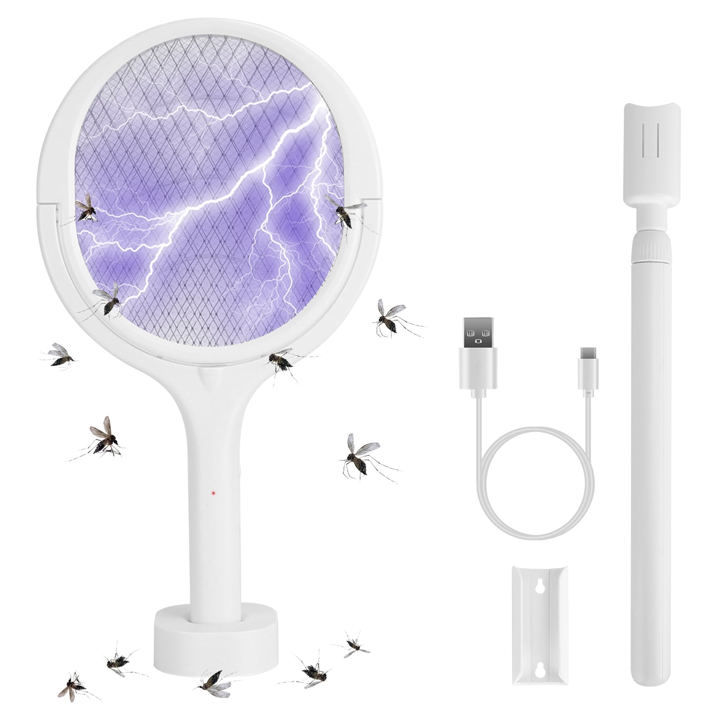 3 In 1 Electric Bug Zapper Racket 90¼Rotating Bug Zapper Wand Indoor Outdoor Handheld Mosquito Swatter with Telescopic Extension Wand