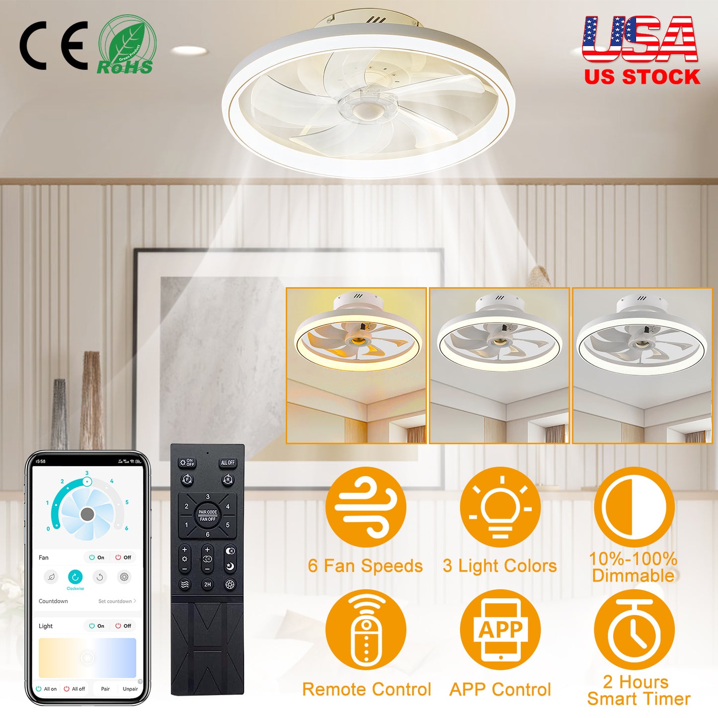 19.7in Ceiling Fan with 60W Light RoundÊPendant Fan Lamp LED Ceiling Fan with 6-Fan Speed 3000-6500W Light Color Adjustment Remote Control Timer APP C