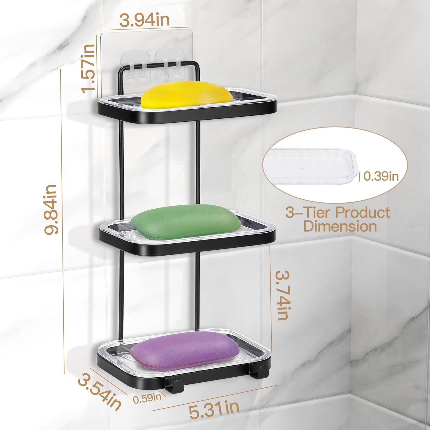 Soap Dish Soap Bar Holder Square Soap Rack Wall Mounted S Bar Shower Bathroom Self with 2 Hooks Clear Trays