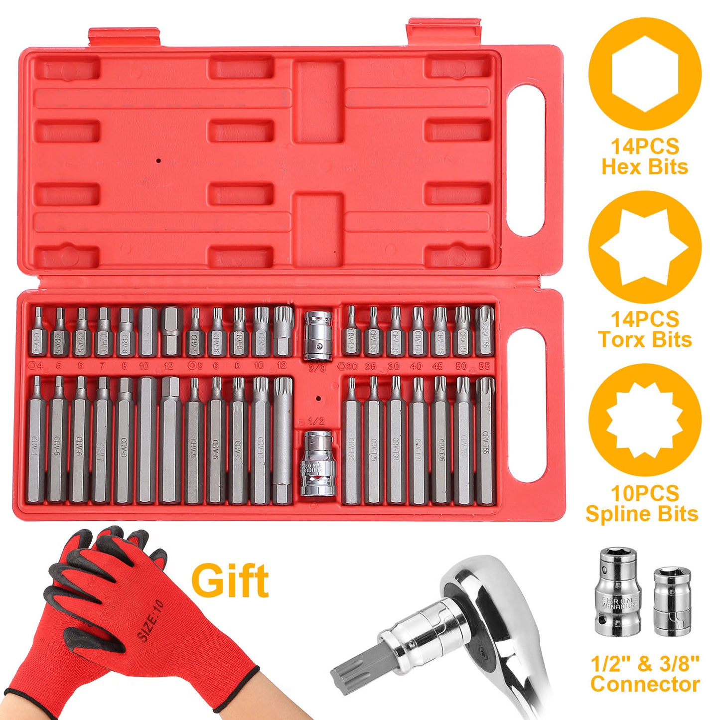 40Pcs Socket Bit Set Hex Torx Spine CRV Combination Bits w/ 3/8"1/2" Drive Free Gloves Case