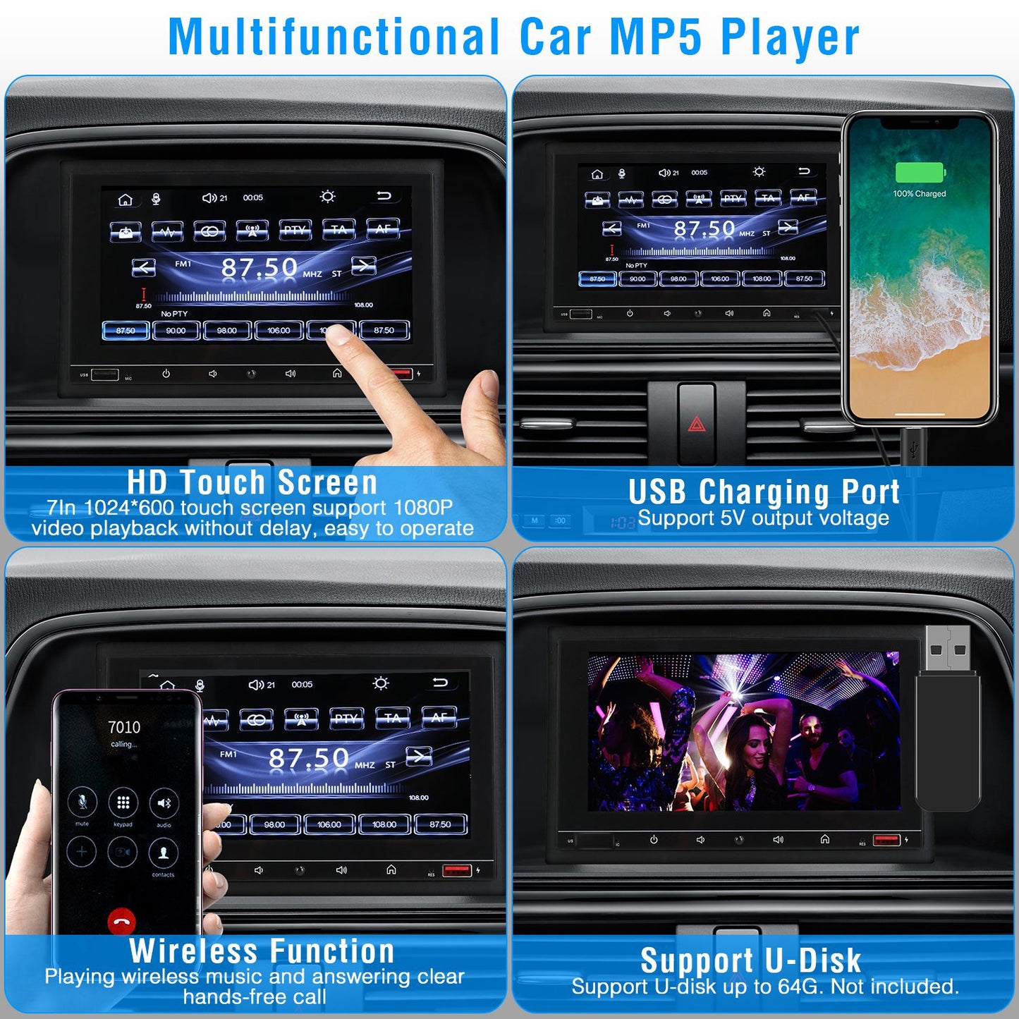 7In Universal Wireless Car MP5 Player 1080P Video Player Stereo Audio FM Radio Aux/USB Input with Rear View Camera Remote Control