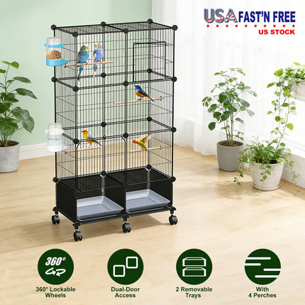 46-Inch Bird Cage with Wooden Perches and Lockable Wheels