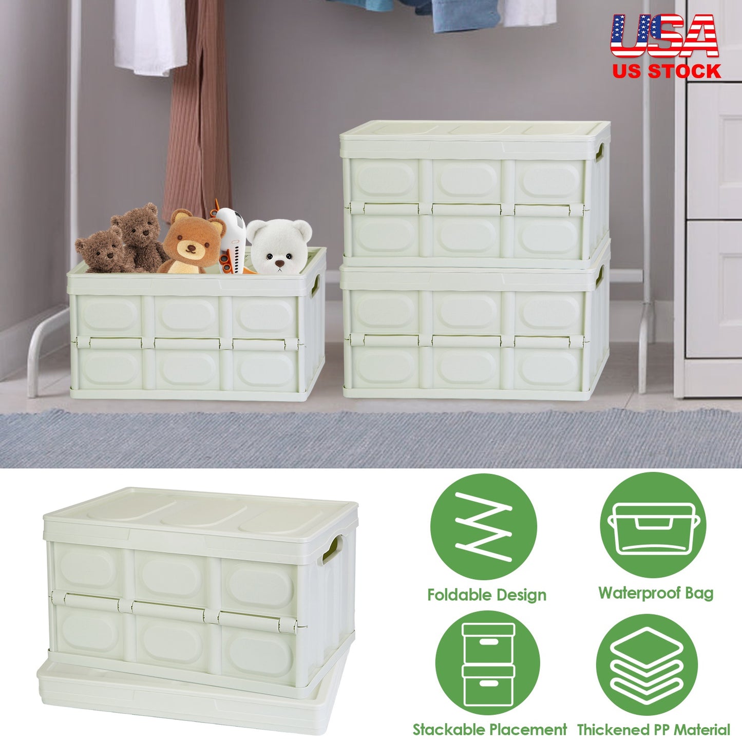 2Pcs 30L Collapsible Storage Bins With Dustproof Lid Waterproof Interior Bag Handle Stackable Storage Box Container Utility Organizer Crate For Campin