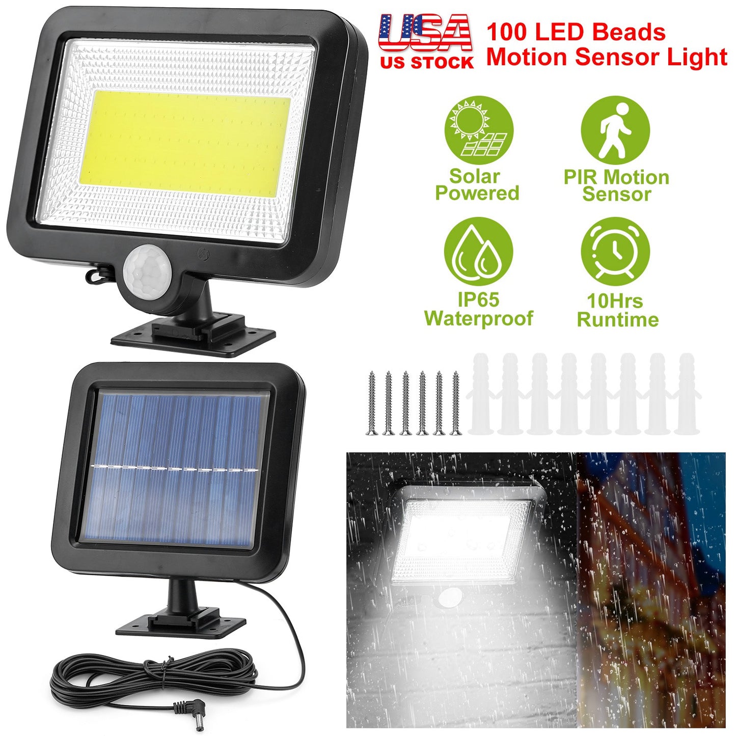 Solar Powered Wall Lights Outdoor 100 LED Beads Motion Sensor Lamp IP65 Waterproof Dusk To Dawn Sensor Light For Front Door Deck
