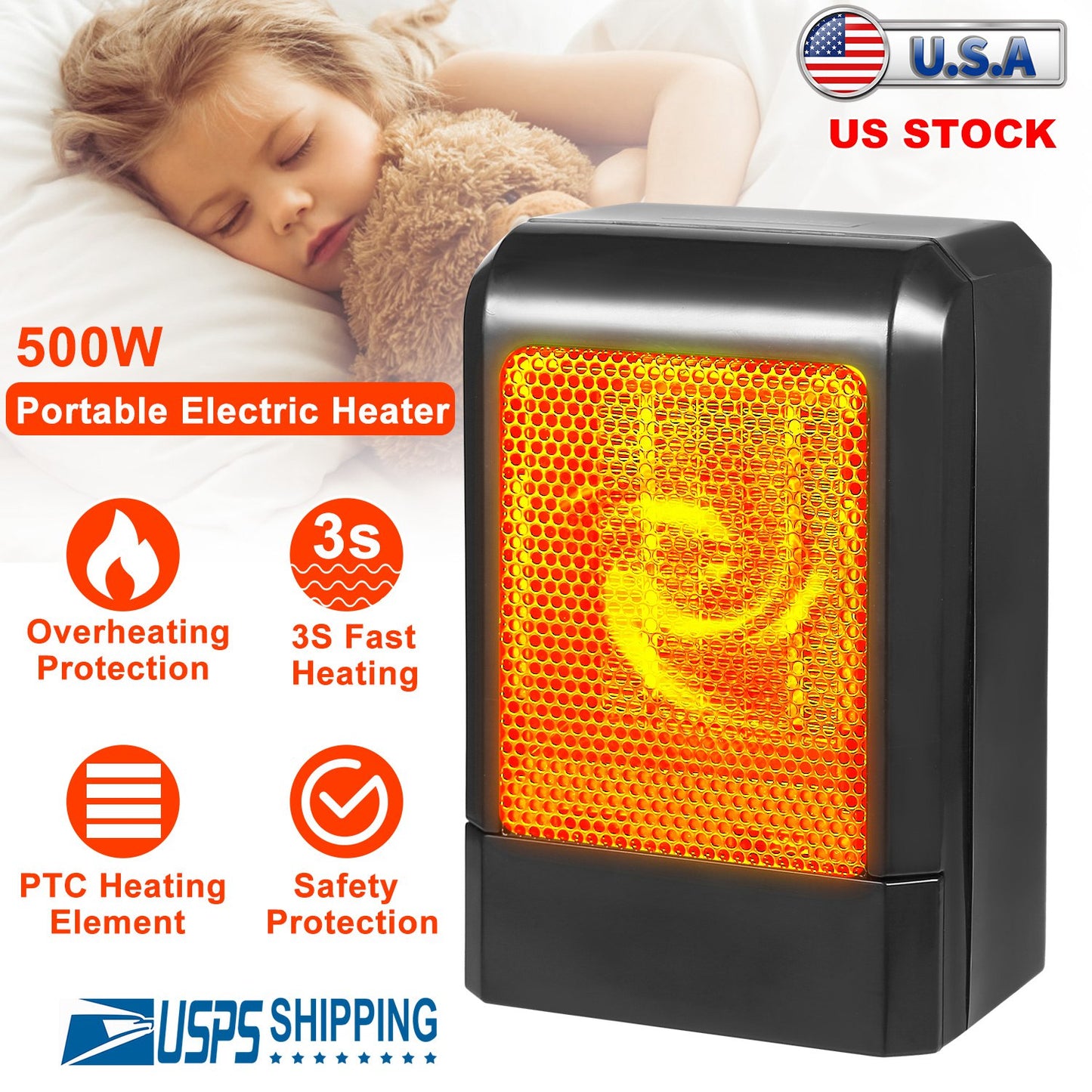 500W Portable Electric Heater PTC Ceramic Heating Fan 3S Heating Space For Home Office Use