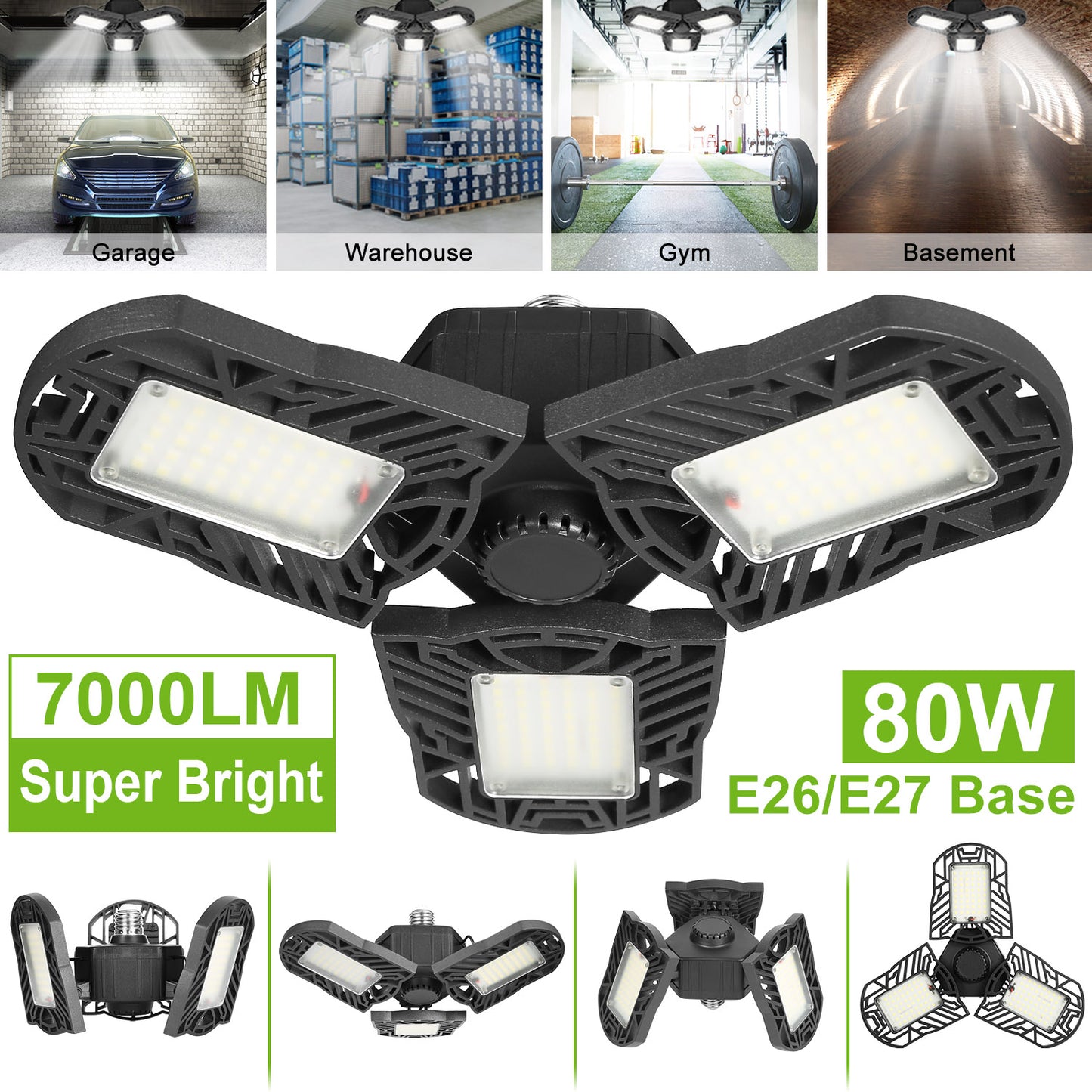 LED Garage Light, iMounTEK E26/E27 80W 7000LM 6500K Garage Ceiling Light Deformable Workshop Lamp Die Cast Aluminum LED Ceiling Light Bulbs with 3 Adj
