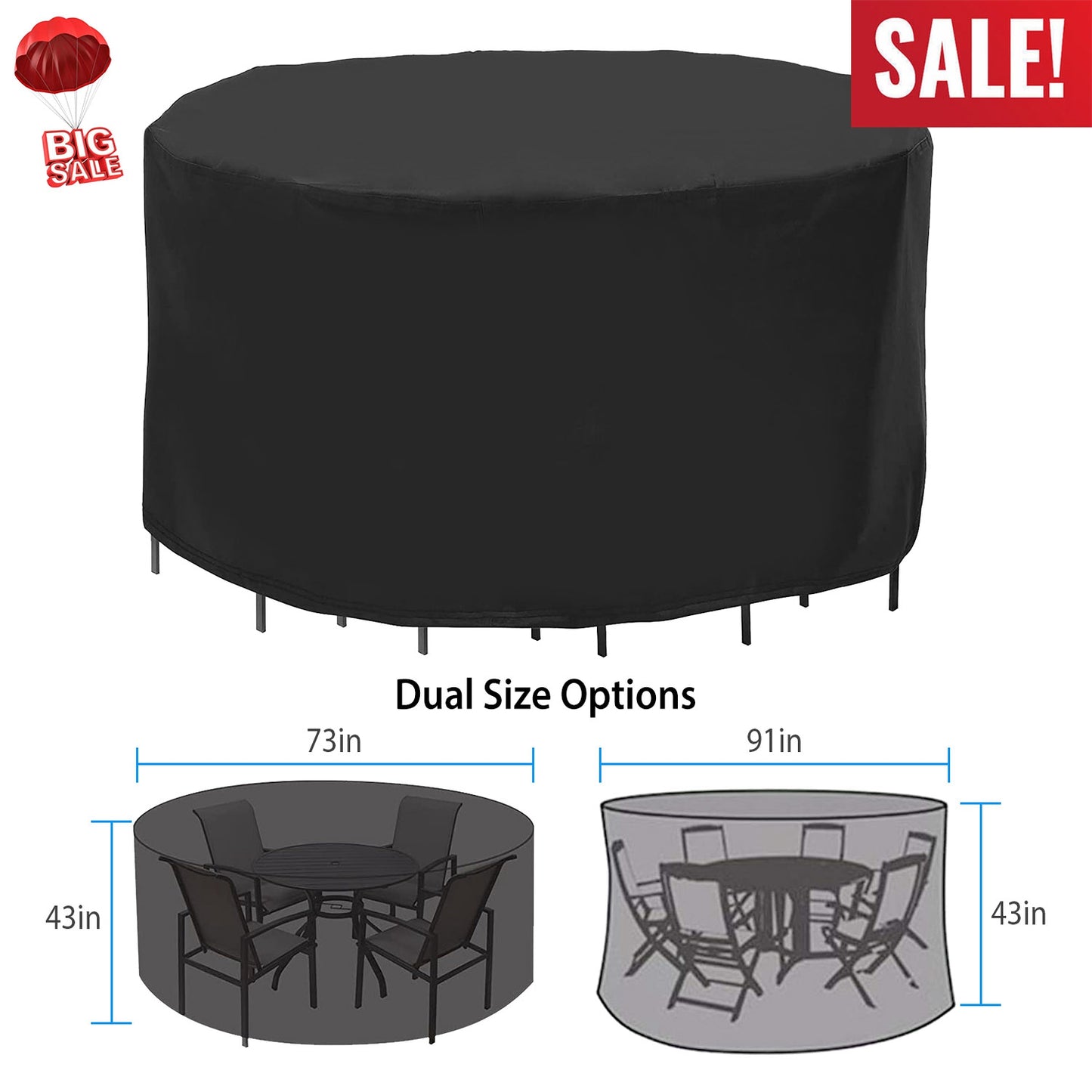 73x43in Circular Table Cover 4-Seat UV Water Resistant Outdoor Furniture Protector For Small Round Table Chairs Set