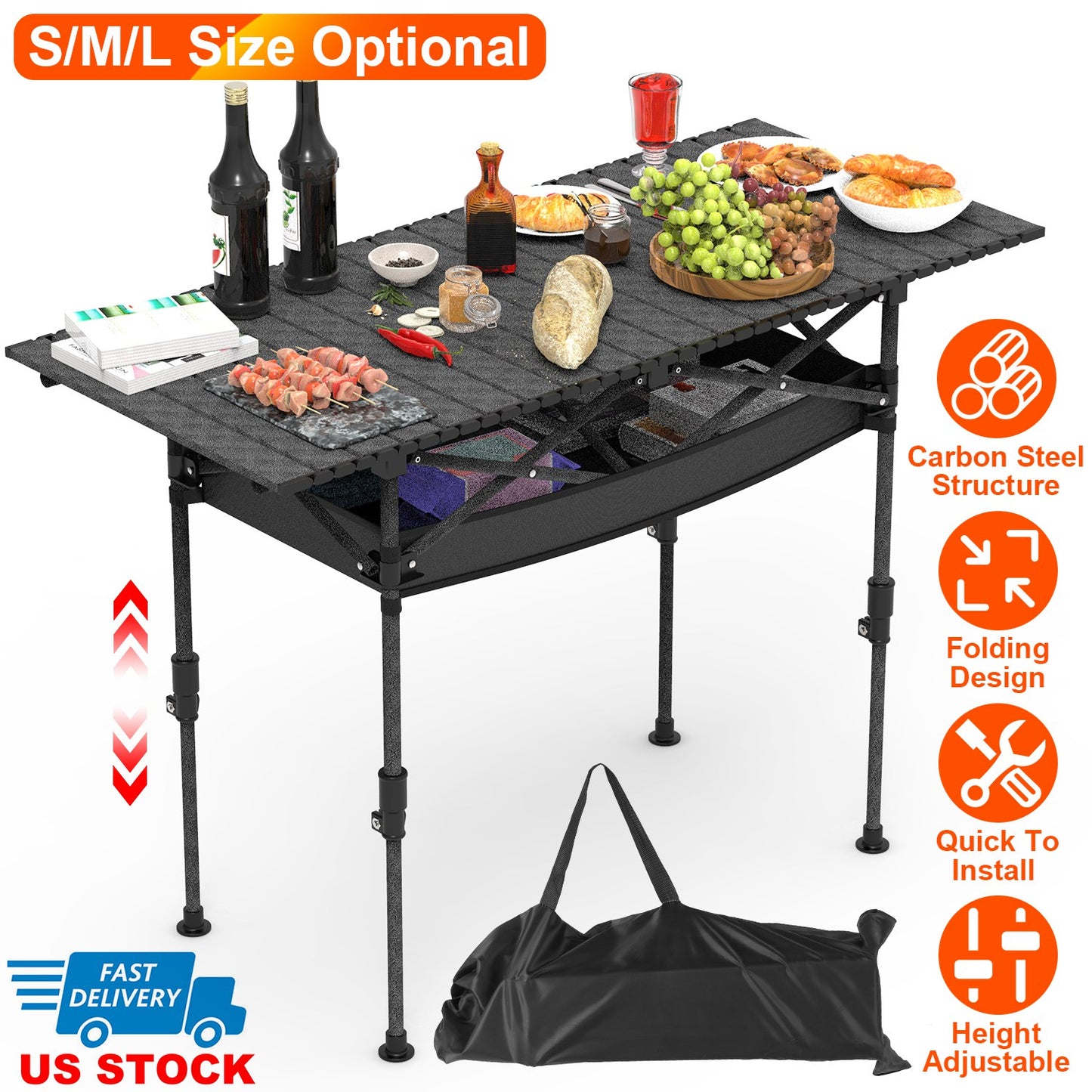 Portable Folding Camping Table With Adjustable Height Hanging Net Rustproof Carbon Steel Foldable Roll-Up Camping Table for Picnic Camping Hiking Beac