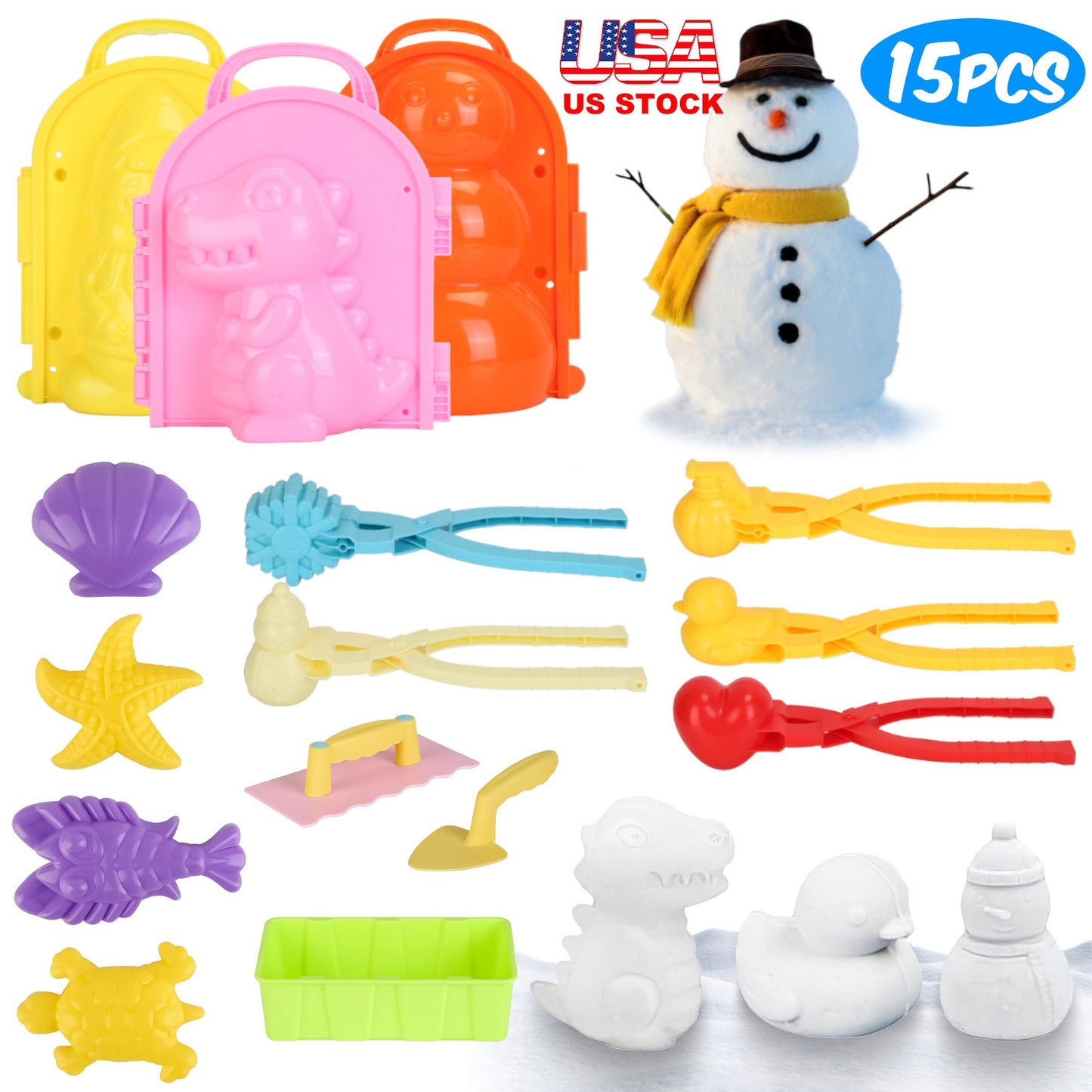 15Pcs Winter Snowball Tool Kit Kids Snow Molds Outdoor Snow Beach Toys for Kids Toddlers Adults Snowman Snowflake Duck Dinosaur