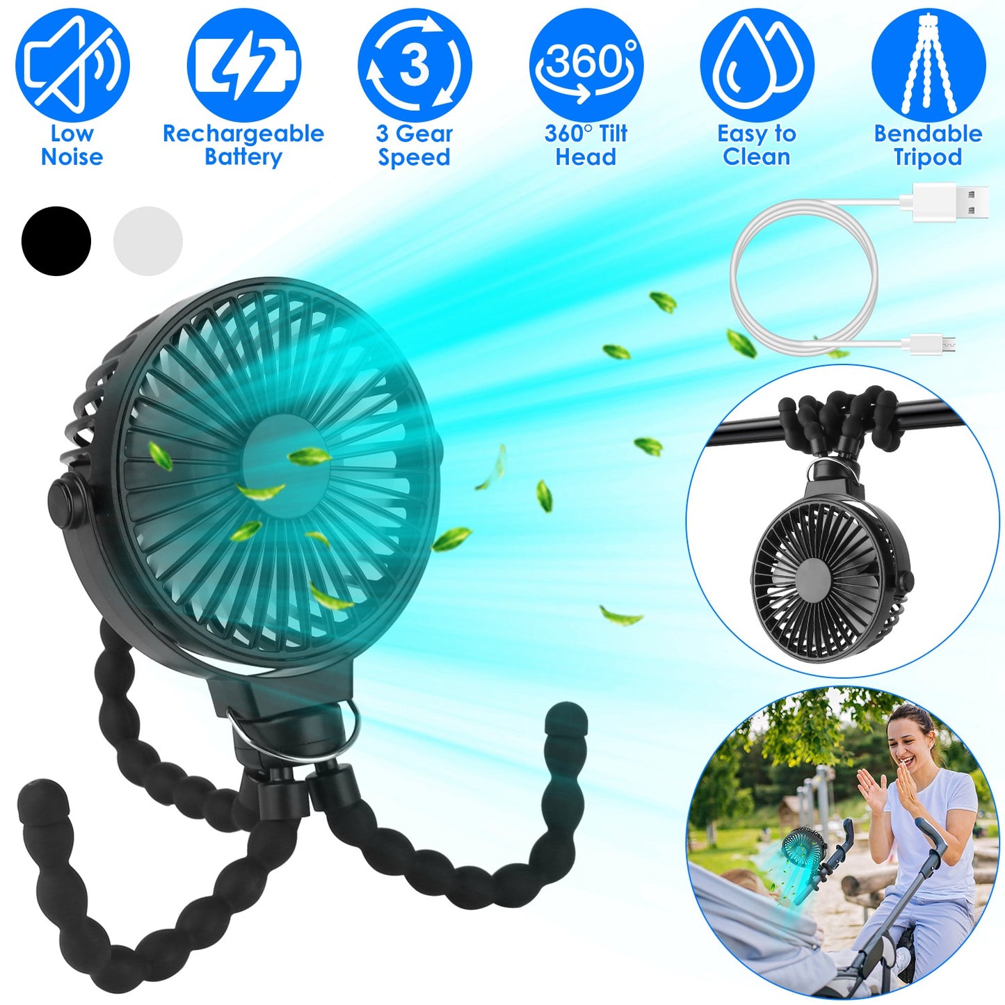 Portable Baby Stroller Fan Rechargeable Handheld Fan with Flexible Tripod Clip On Desktop Hanging Fan 3 Gear Speed 360¡ Tilt Head
