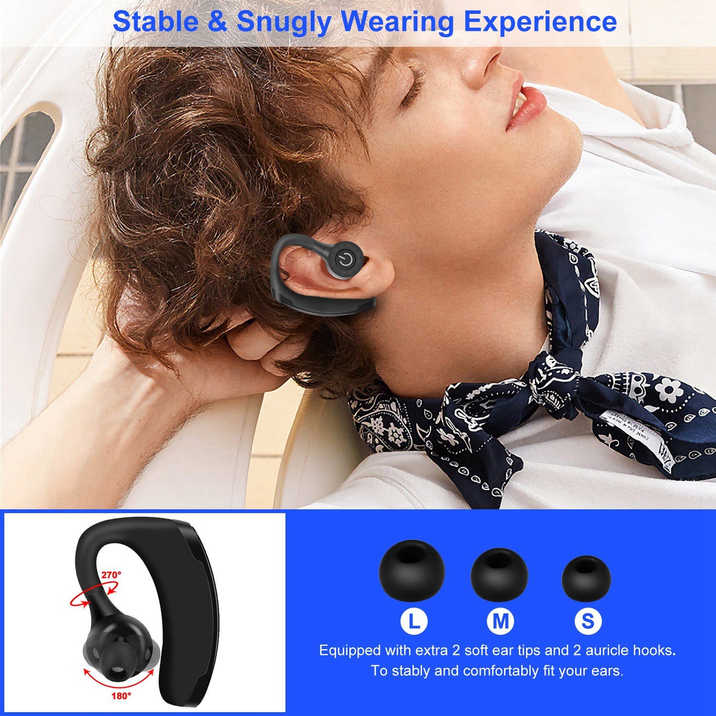 Title: Wireless V5.0 Earbuds In-Ear Earphones 10Hrs Playtime Ear Hook Earphone Waterproof HiFi Earpieces w/ Mic