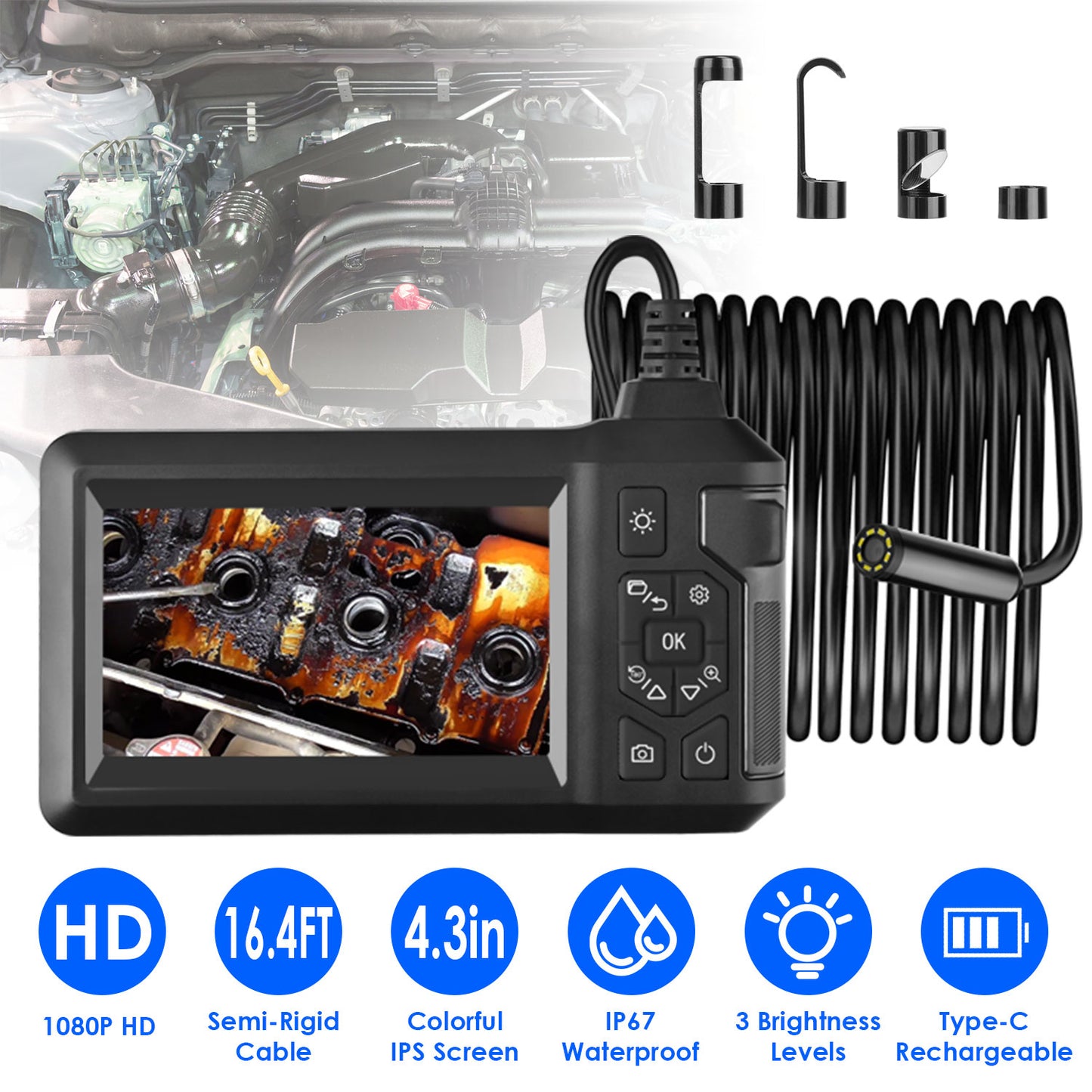 1080P Endoscope Camera with 8 LED Light 8mm Borescope Inspection Camera 4.3Ó Colorful Screen IP67 Waterproof 16.4FT Semi-Rigid Cord Handheld Snake Cam
