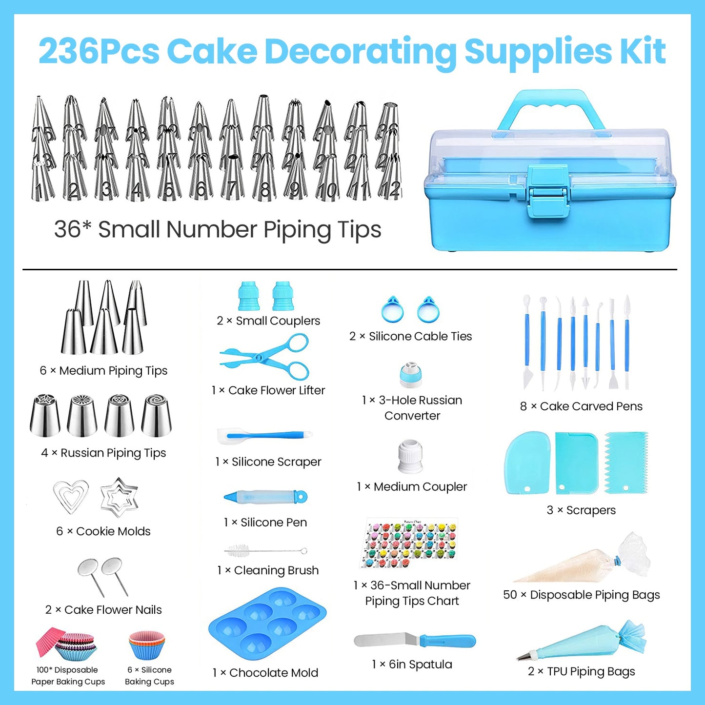 236Pcs Cake Decorating Kit Baking Tools Accessories Cake Decorating Supplies with Piping Tips Couplers and Bags Cookie Cutters Baking Cups Scrapers Fl