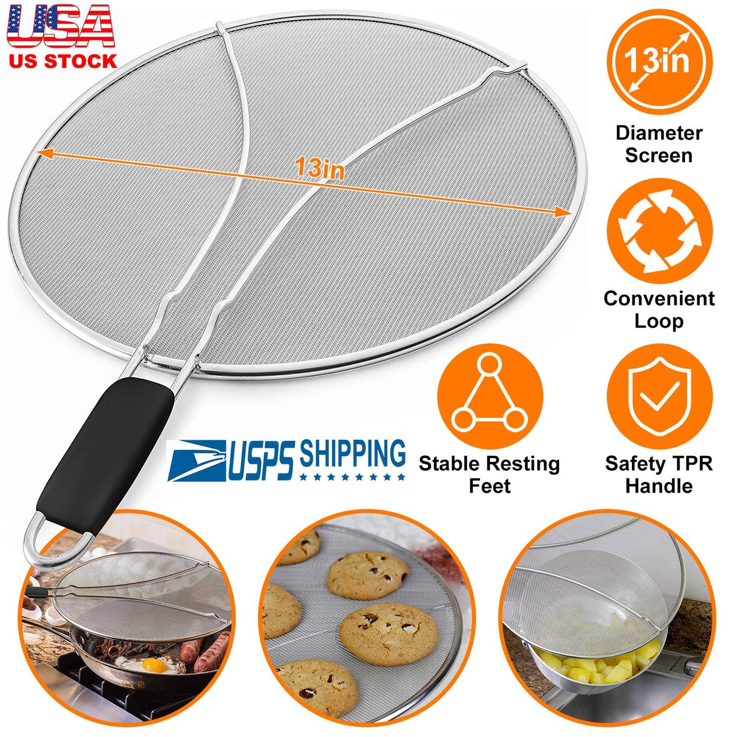 Grease Splatter ScreenÊ13in Stainless Steel Fine Mesh Splash Mesh Shield Hot Oil Stopper w/ Resting Feet For Frying Pan Cooking Woks Skillets Pots Pan