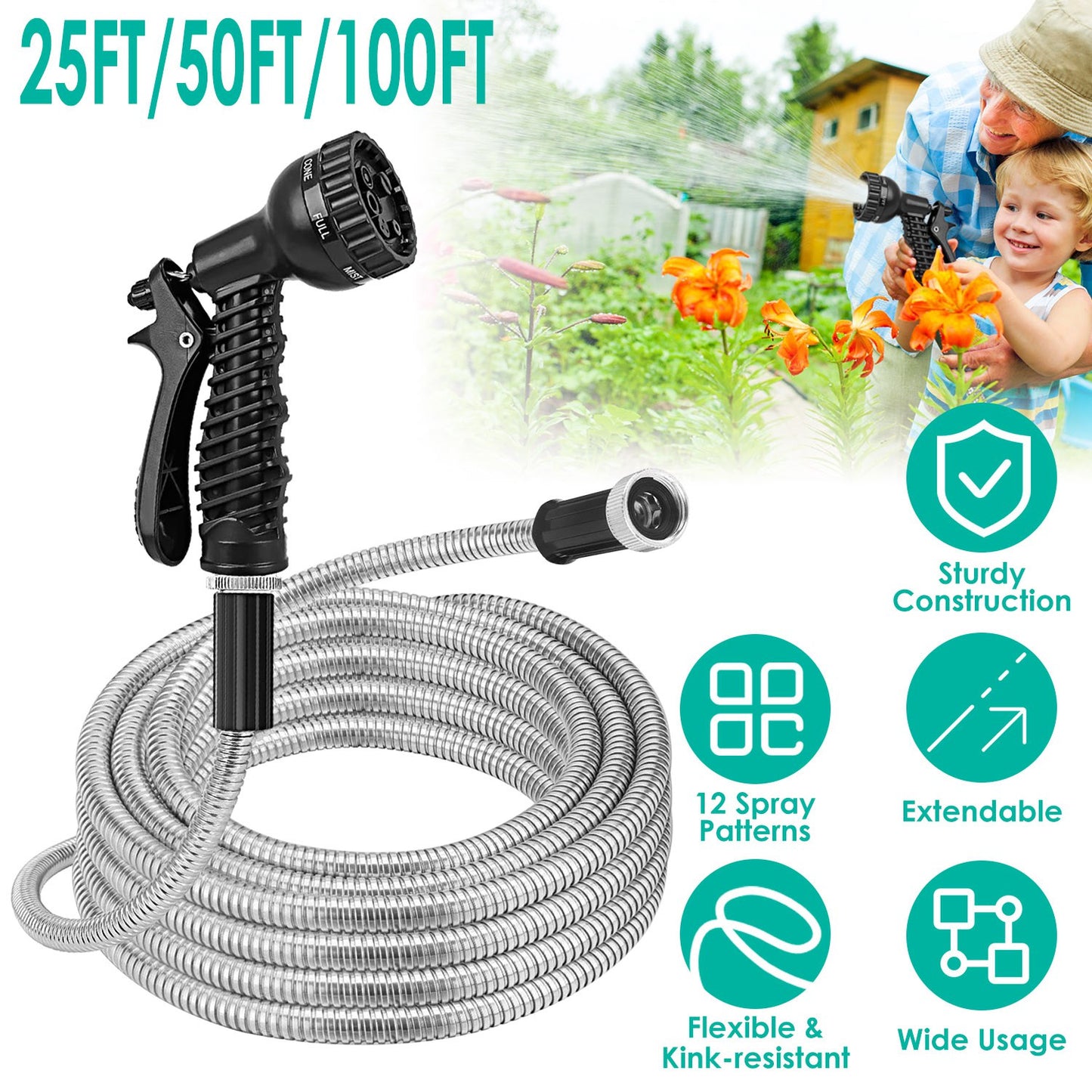 25FT/50FT/100FT Heavy Duty Stainless Steel Garden Hose Garden Watering Kit Metal Water Hose with 2 Nozzles 12 Patterns Flexible Extendable Kink Tangle