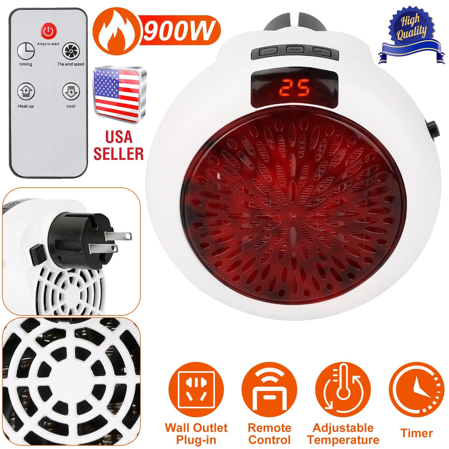 900W Portable Heater Fan Wall Outlet Space Heater Plug-in Heater Adjustable Temperature Auto Shut off w/Remote Control