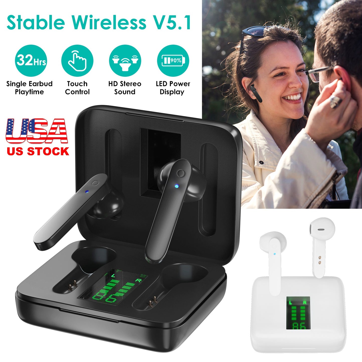 True Wireless Stereo V5.1 Earbuds Touch Control In-Ear TWS Headsets Headphone Earpiece with LED Display Magnetic Charging Case Built-in Mic
