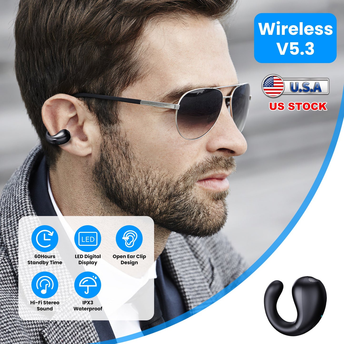 Wireless V5.3 Open Ear Clip Earbuds Over Ear Bone Headphones IPX3 Waterproof Ultra Open Earbuds with LED Display Charging Case for Driving Working Tra