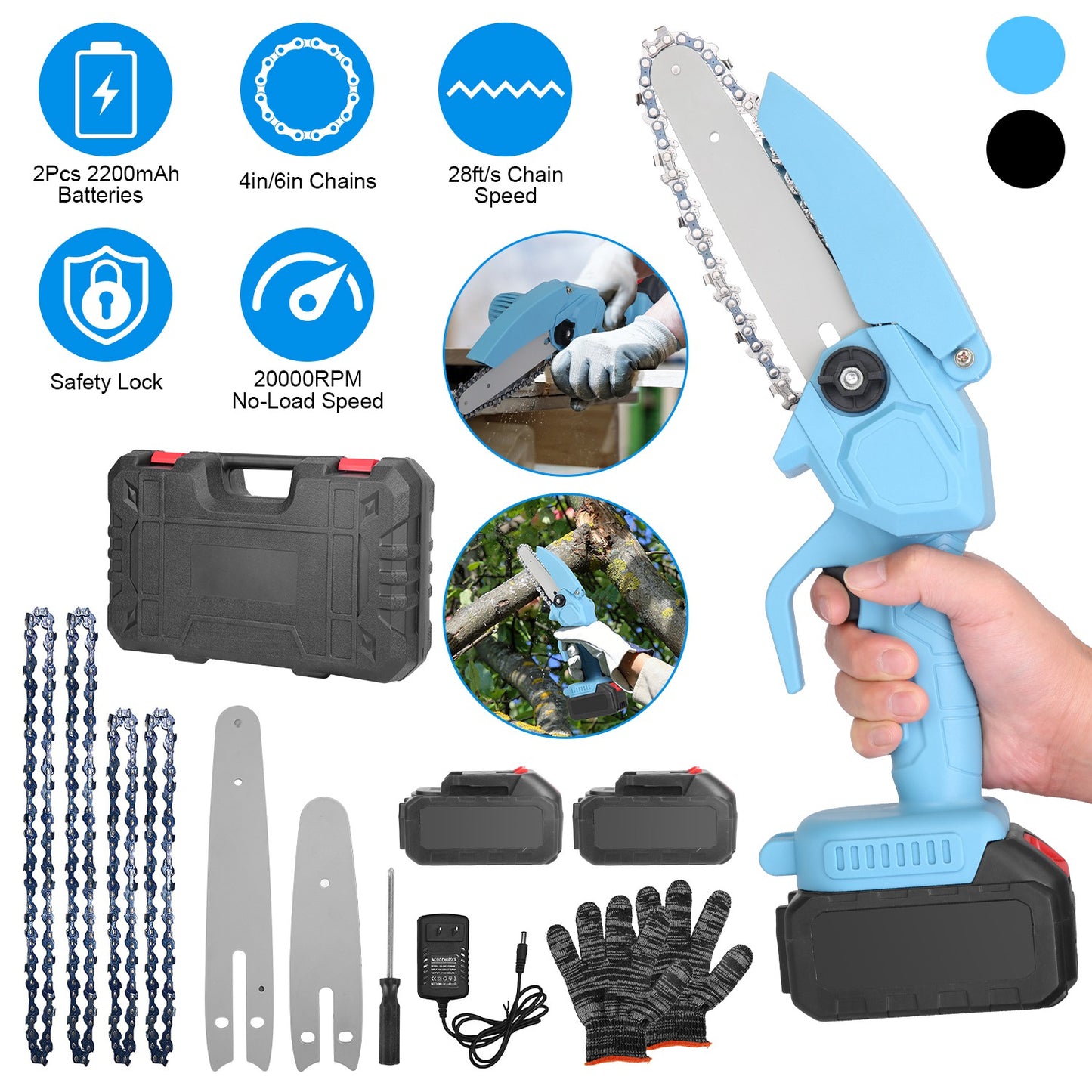 Electric Mini Chainsaw Portable Handheld Cordless Small Chain Saw Battery Powered with 2Pcs 2200mAh Rechargeable Batteries 4in/6in Chains for Pruning