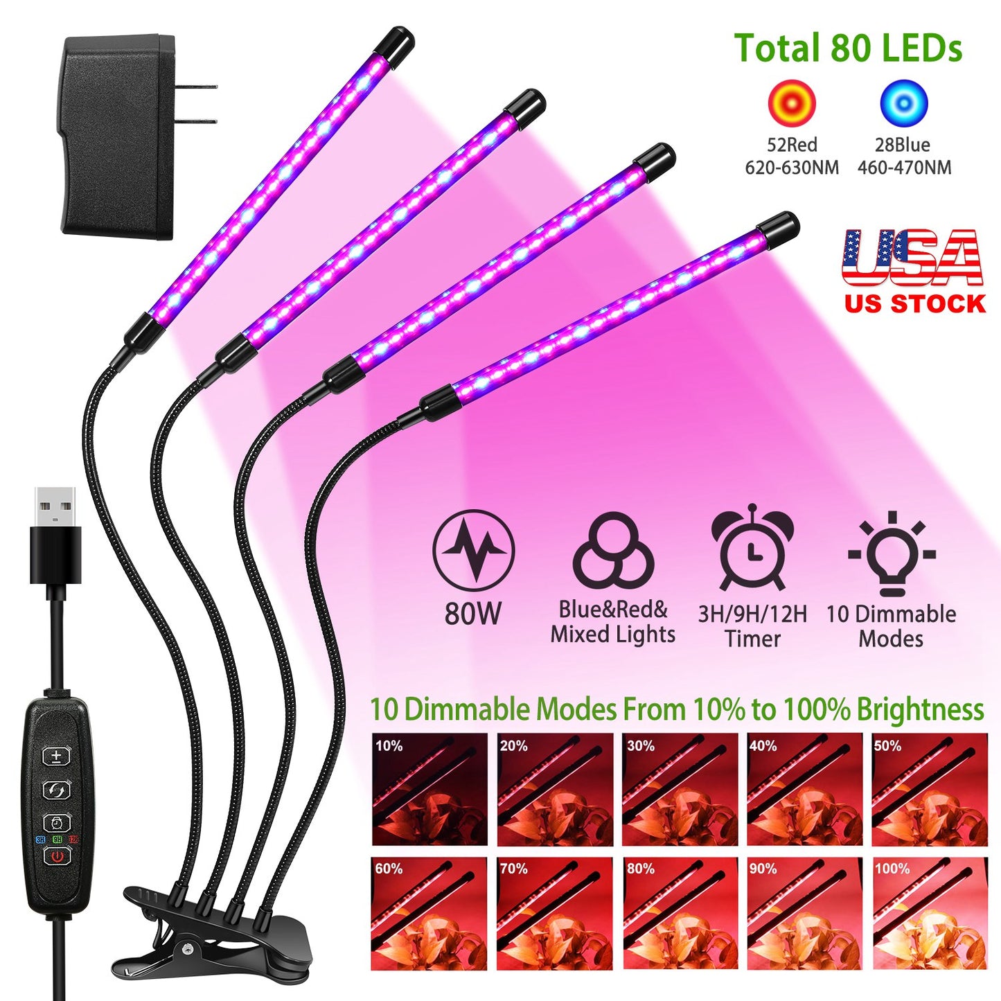 Grow Lights for Indoor Plants, iMounTEK 80W 80 LEDs Plant Lights with Red Blue Full Spectrum 10 Dimmable Level 360¡Adjustable Gooseneck 3/6/12H Timer