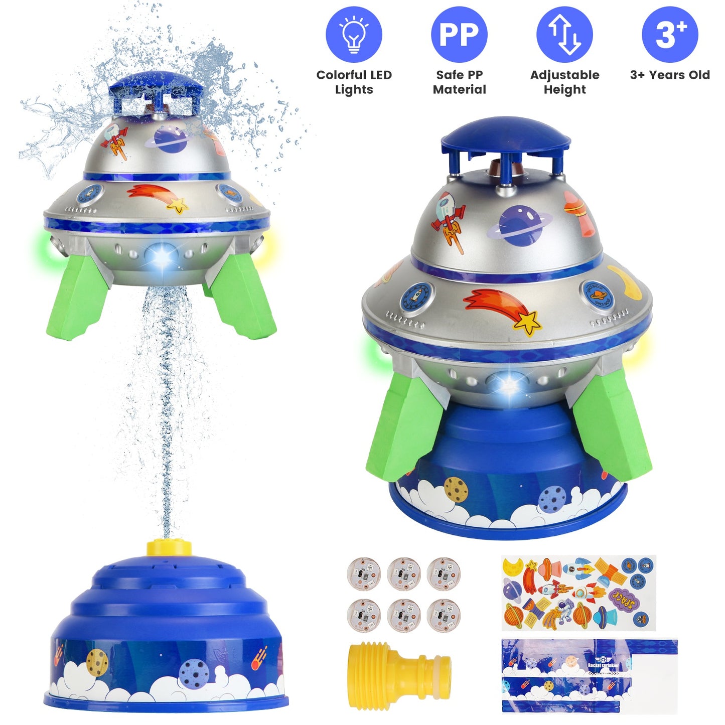 UFO Water Sprinkler Outdoor Summer Rocket Toy With Colorful LED Lights 360¡ Spinning 1.64FT To 6.56FT Adjustable Height Birthday Summer Gift For Girls