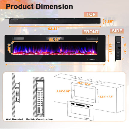 68" Ultra-Thin Recessed Electric Fireplace