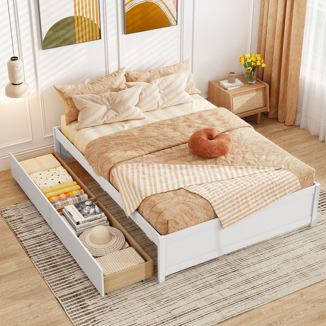 Full Size Wooden Bed Frame with 2 Rolling Storage Drawers