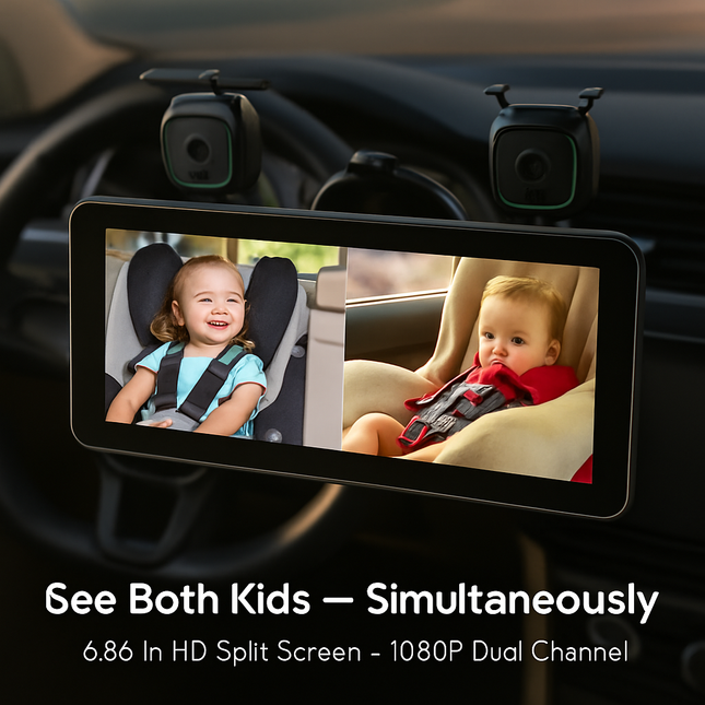 1080P Baby Car Camera for 2 Kids Dual Channel Car Baby Monitor Rear Facing Car Seat Camera with 120°Wide View 6.86In HD Split Screen Night Vision