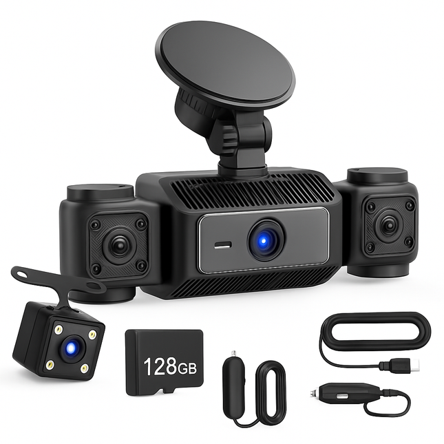 4 Channel Car Dash Cam with 128G MMC Card 1080P Front 720P Left Right 480P Rear G-Sensor Parking Monitor Loop Recording Night Vision 360° Surveillance