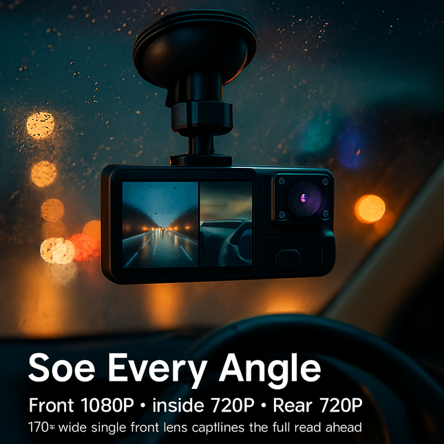 Car Dash Cam 3-Channel Front Inside Rear