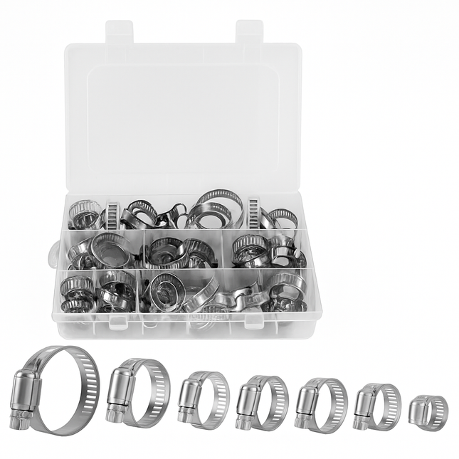 Hose Clamp Set - Stainless Steel, 60-Piece Worm Gear
