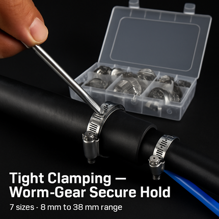Hose Clamp Set - Stainless Steel, 60-Piece Worm Gear