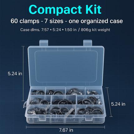 Hose Clamp Set - Stainless Steel, 60-Piece Worm Gear