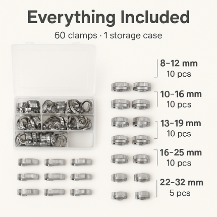 Hose Clamp Set - Stainless Steel, 60-Piece Worm Gear