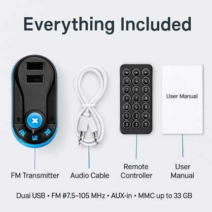 Car Wireless FM Transmitter Dual USB Charger Hands-free Call MP3 Player Aux-in LED Display Remote Controller