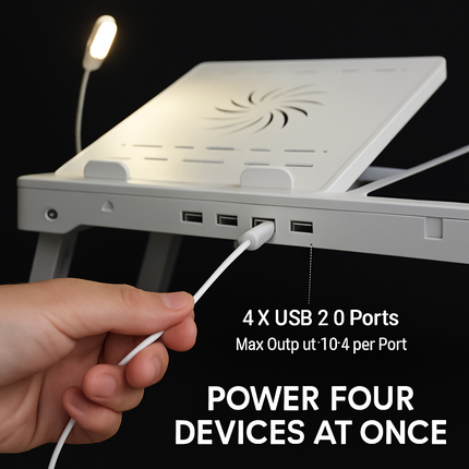 Foldable Laptop Table Bed Notebook Desk w/Cooling Fan Mouse Board LED light 4 x USB Ports Breakfast Snacking Tray with Storage Groove For Home Office