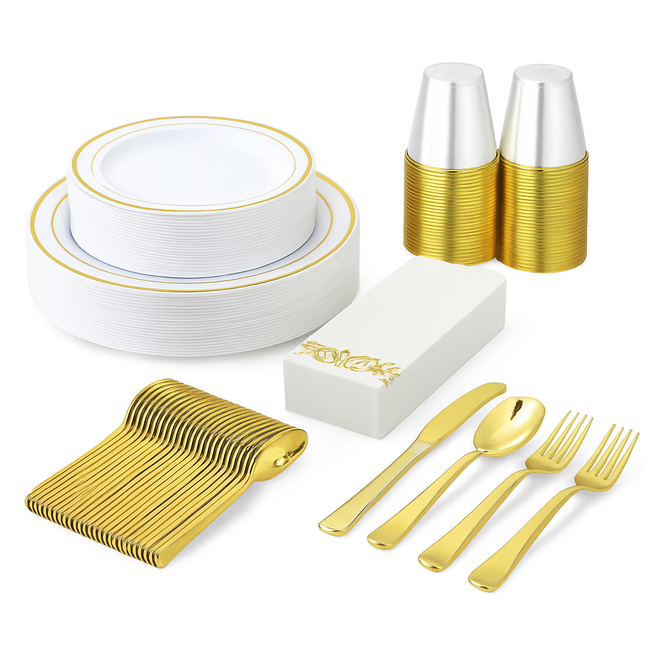 Gold Rim Disposable Dinnerware Set for Parties