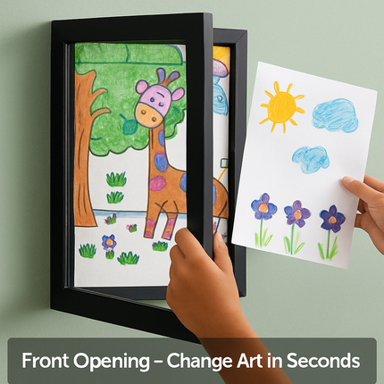 Kids Art Frame - Front-Opening Wooden Display for Artwork