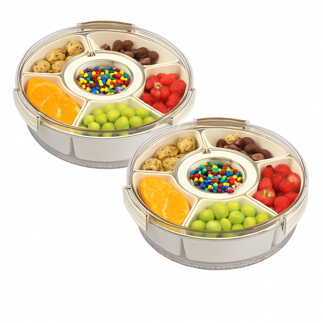 Divided Serving Tray with Lid and Handle - Rotatable Base