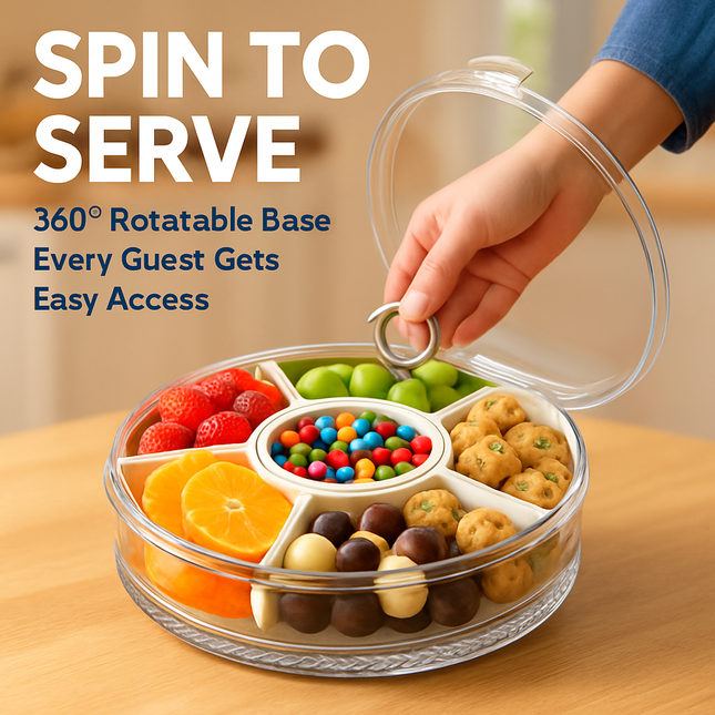 Divided Serving Tray with Lid and Handle - Rotatable Base