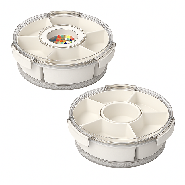 Divided Serving Tray with Lid and Handle - Rotatable Base