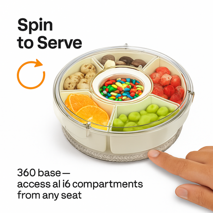 Divided Serving Tray with Lid and Handle - Rotatable Base