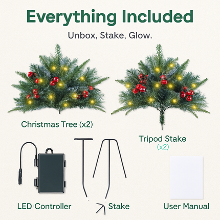 2Pcs Christmas Tree Urn Filler With Light Artificial Lighted Xmas Trees Light with Cones Berries Holiday Planter Filler LED Pathway Pine Tree IP44 Wat