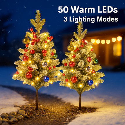 2Pcs Battery Powered Lighted Christmas Tree Urn Filler With Light Artificial Xmas Trees Light with Berries Balls LED Pathway Pine Tree IP44 Waterproof