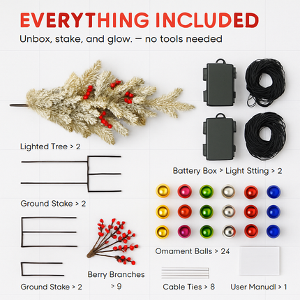2Pcs Battery Powered Lighted Christmas Tree Urn Filler With Light Artificial Xmas Trees Light with Berries Balls LED Pathway Pine Tree IP44 Waterproof