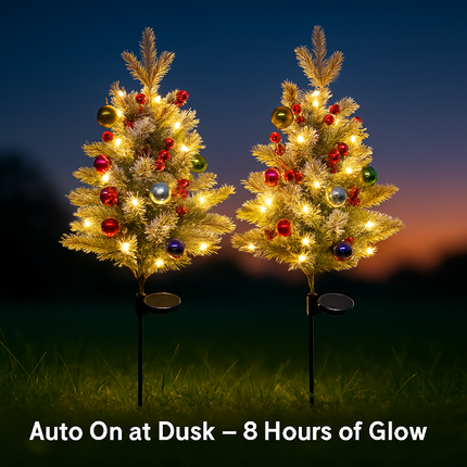 2Pcs Battery Powered Lighted Christmas Tree Urn Filler With Light Artificial Xmas Trees Light with Berries Balls LED Pathway Pine Tree IP44 Waterproof