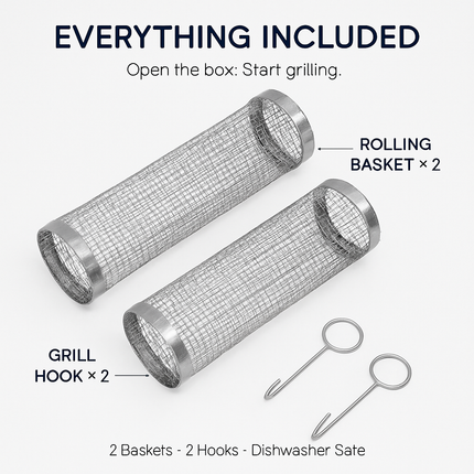 2Pcs 3.42x11.61Inch Portable BBQ Rolling Basket Round Stainless Steel Grill Mesh Barbecue Net Tube with Removable Cover Outdoor Camping