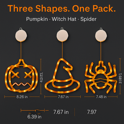Halloween Window Light Trio: Spider, Witch Hat & Pumpkin